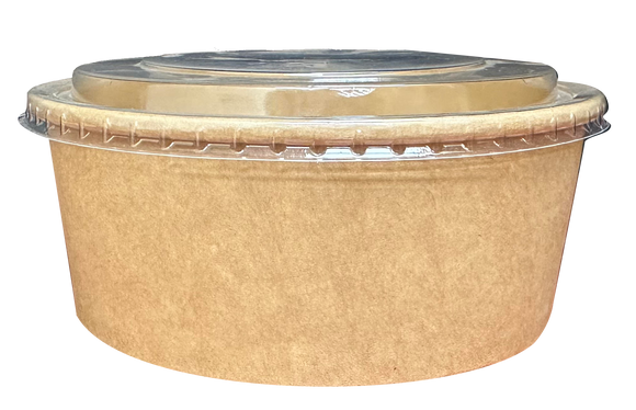 Kraft paper salad/poke bowls - 750ml (25oz) - kraft paper base(T:15xB:12.8xH:6cm): 300pcs/case - PET lid (150mm): 300pcs/case.
