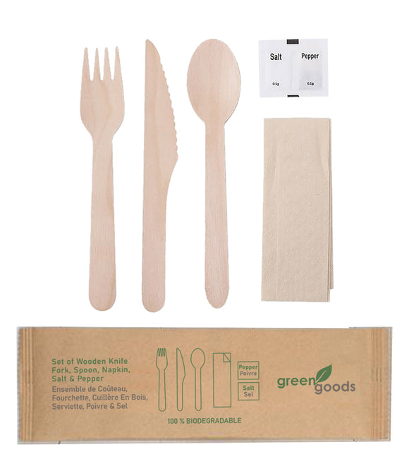 160mm Wooden knife-fork –spoon - 23cm napkin – salt & pepper